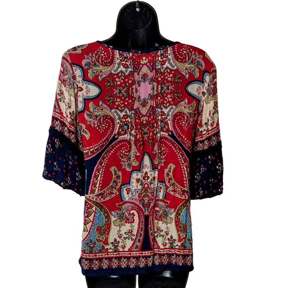 Bila Boho Hippie Print Cold Shoulder Red Print Loose Fit Top Size Medium - Picture 2 of 7